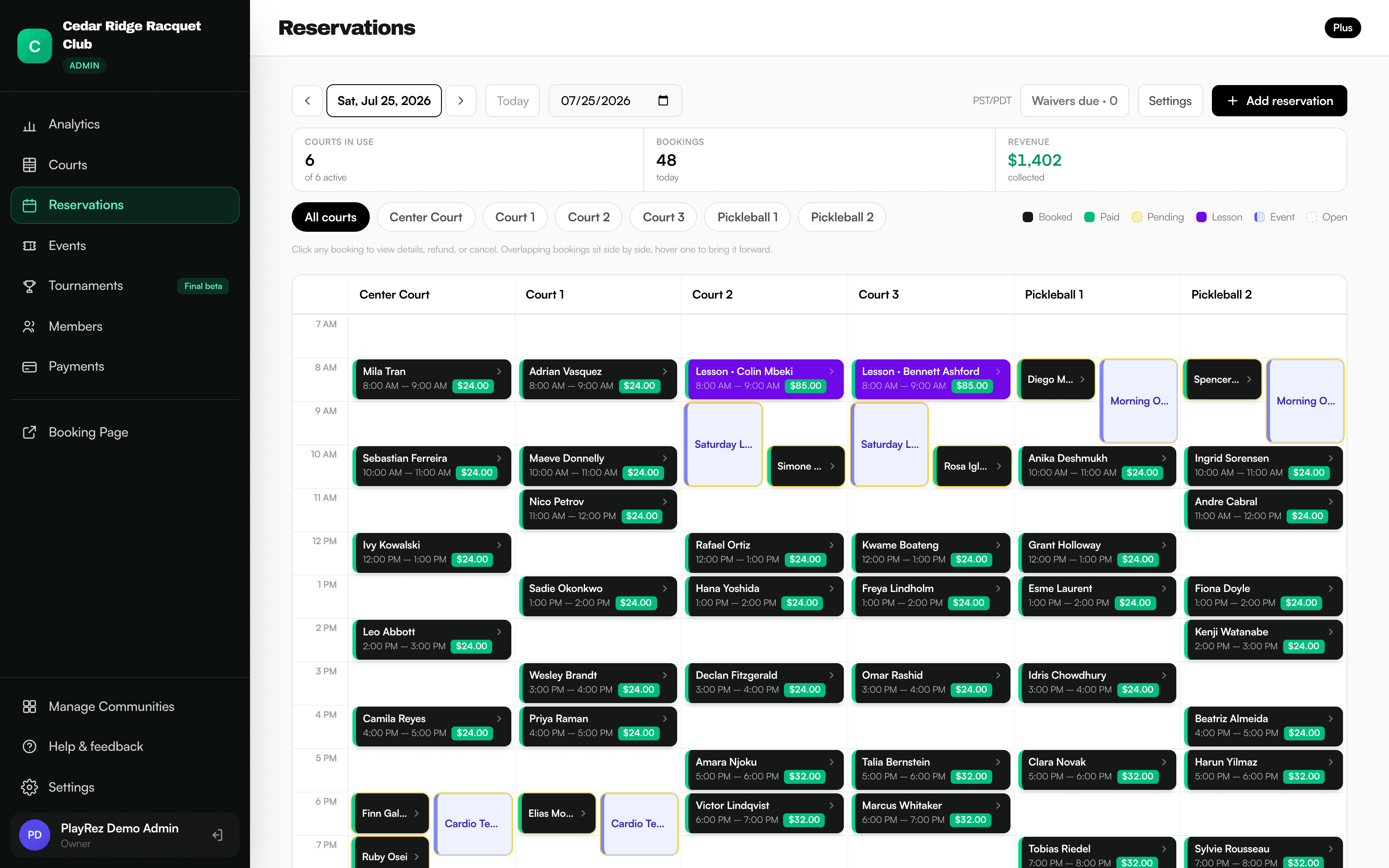 Current PlayRez administrator schedule showing reservations, paid bookings, lessons, events, courts, and daily revenue
