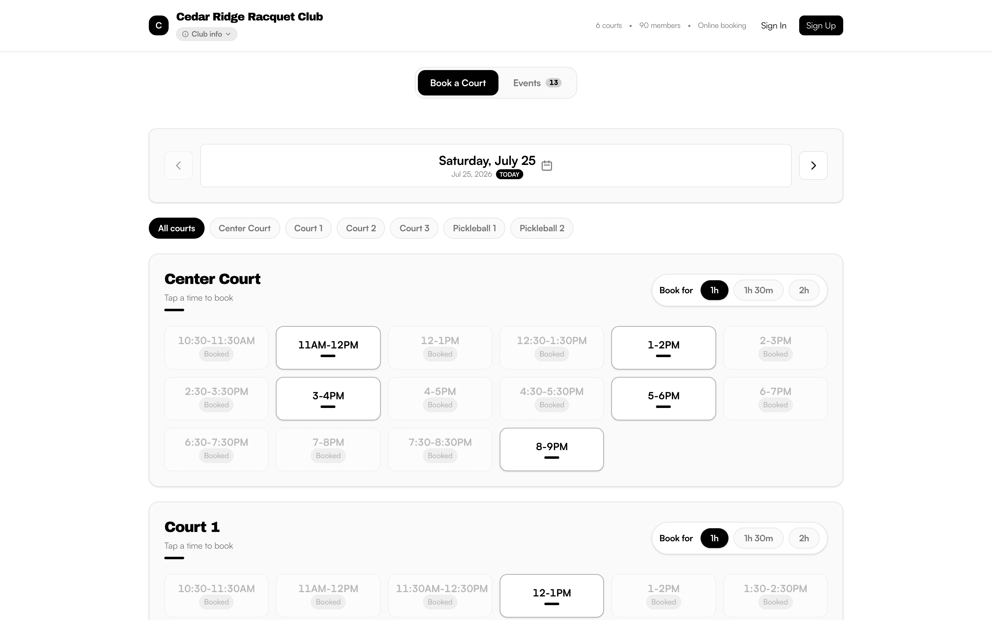 Current PlayRez public booking page for Cedar Ridge Racquet Club with court filters and multiple reservation lengths